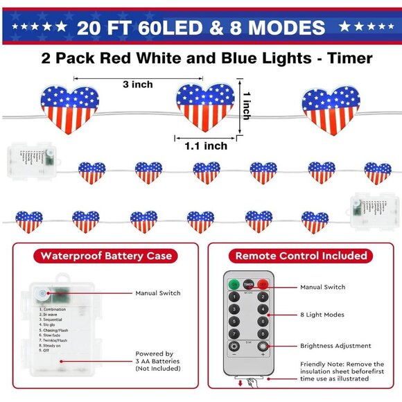 60 LED 2 Pack Red White and Blue Lights, 20 FT 4th of July Heart Flags Lights Re - Picture 2 of 7